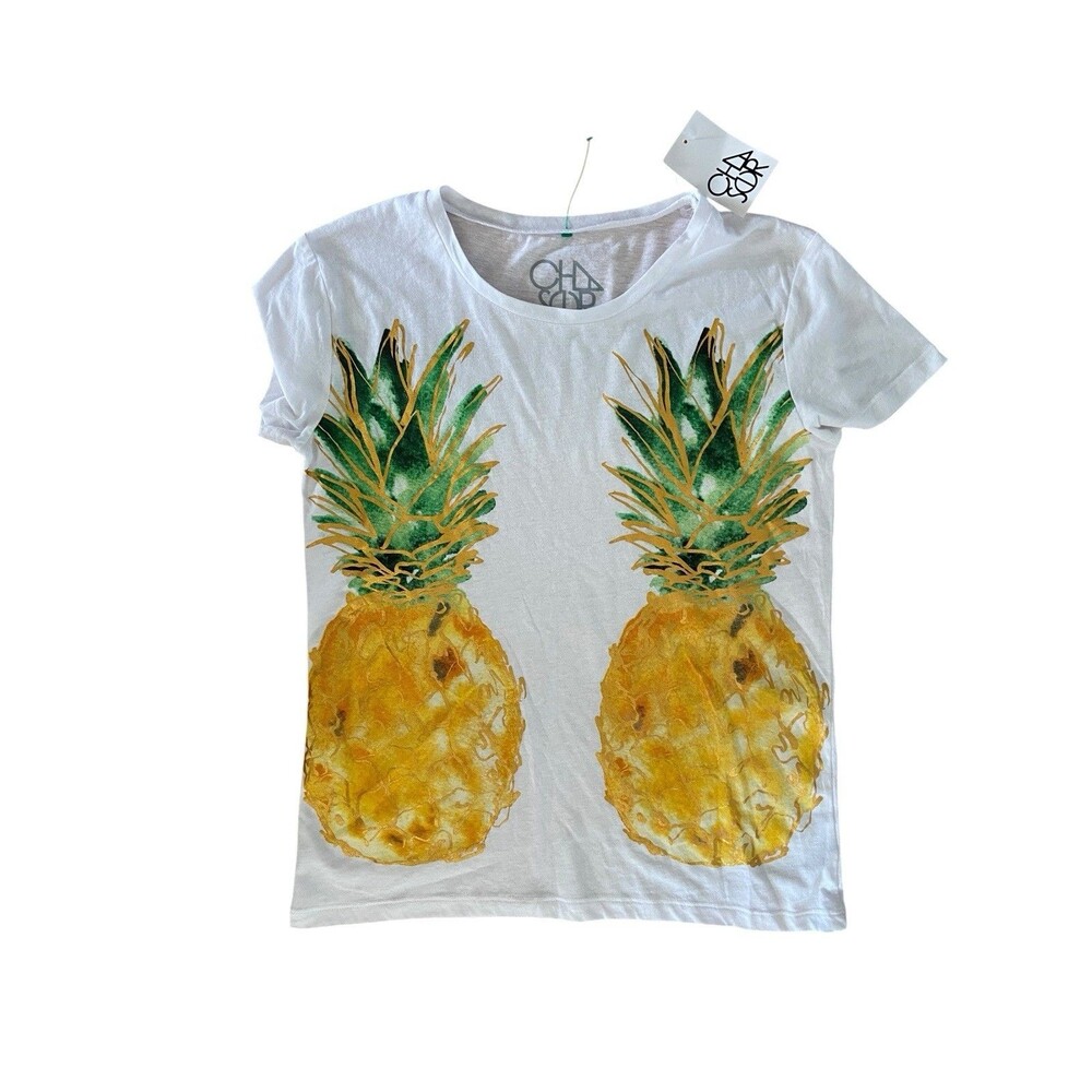 Chaser Womens Pineapple Graphic‎ T-Shirt White Size S White Fruit Print Tropical
